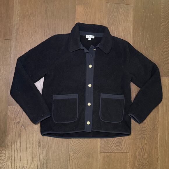 J Crew Teddy sherpa lady jacket BT709 Sz Small Black Gold Buttons Patch Pockets - Picture 1 of 4